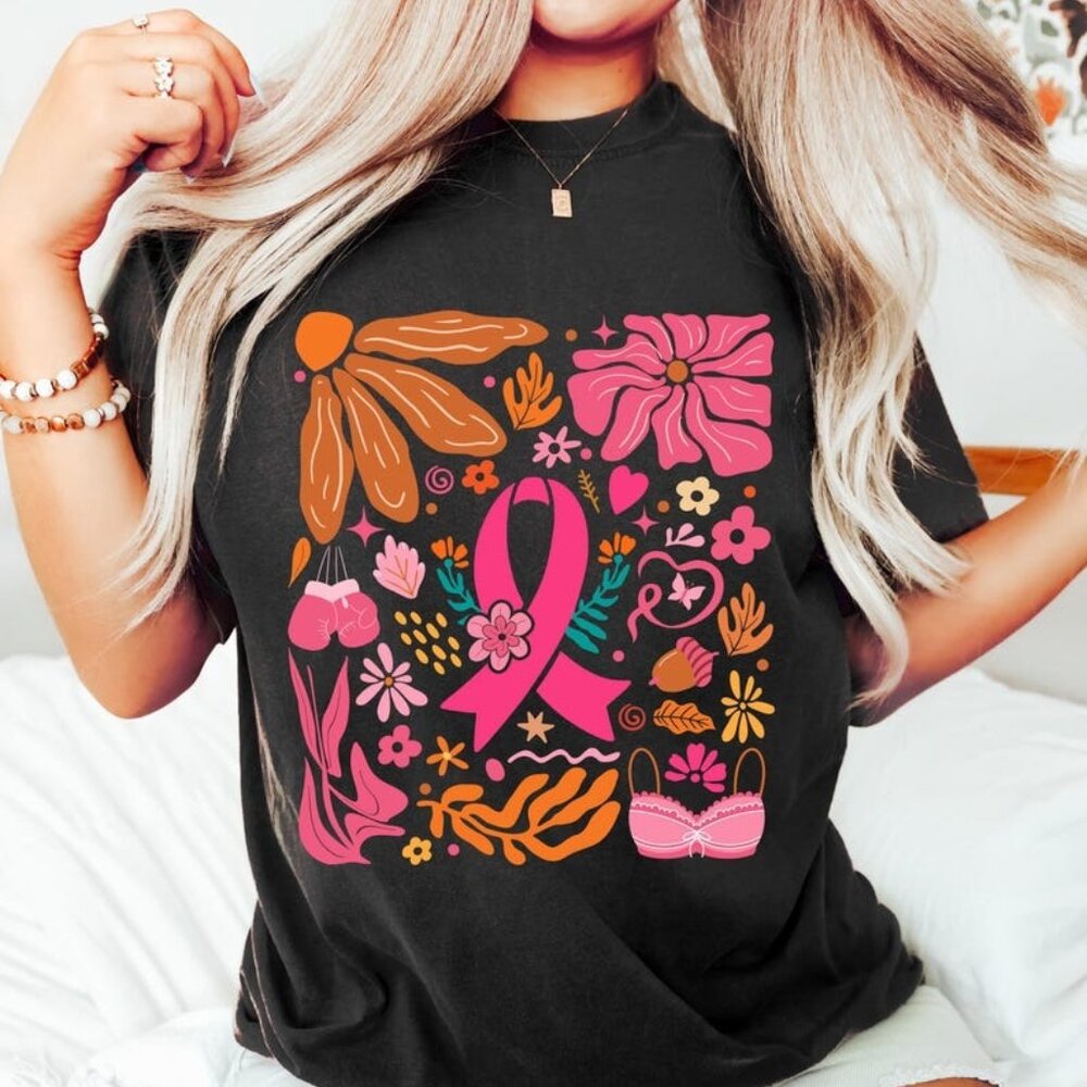 Breast Cancer Awareness Tee, Boho Floral Breast Cancer Tee